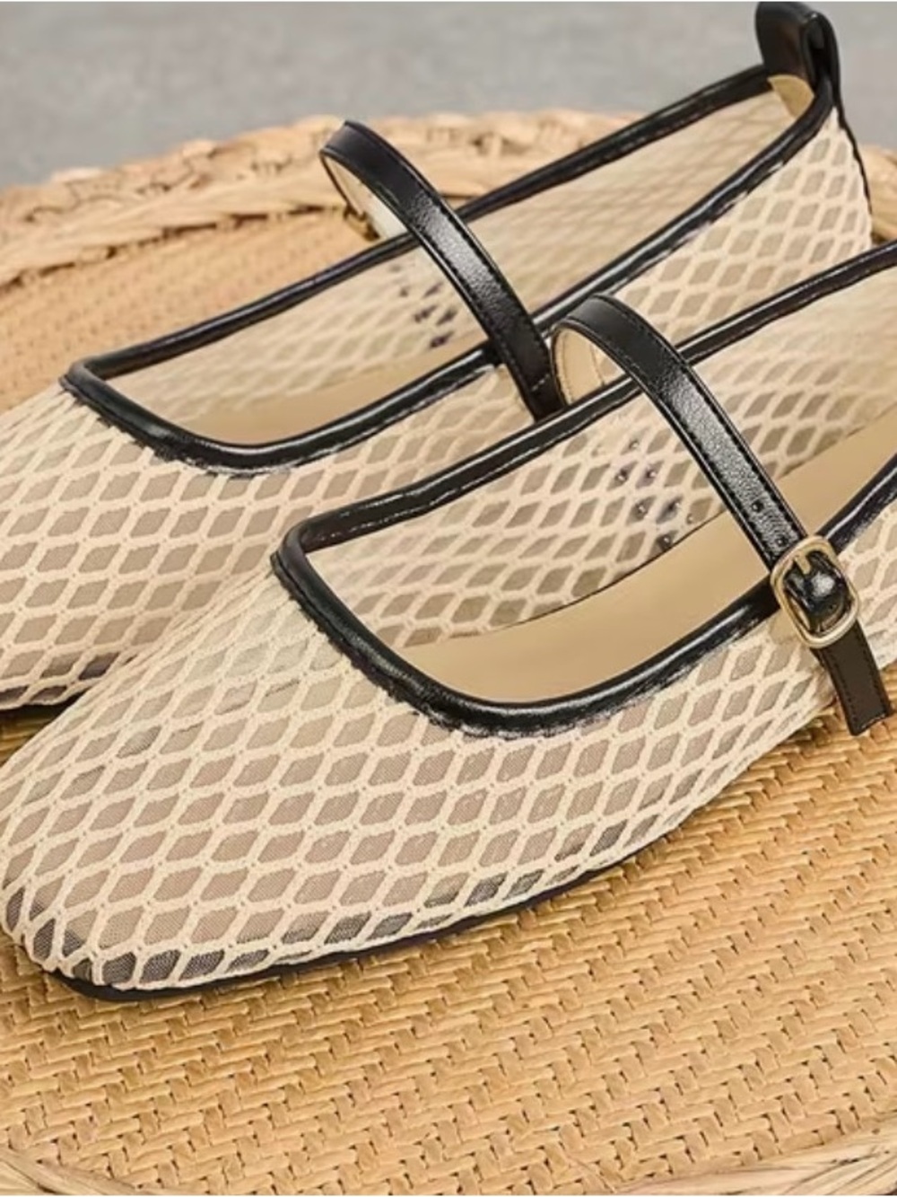 Beige Mesh Mary Jane Flats with Black Trim and Buckle